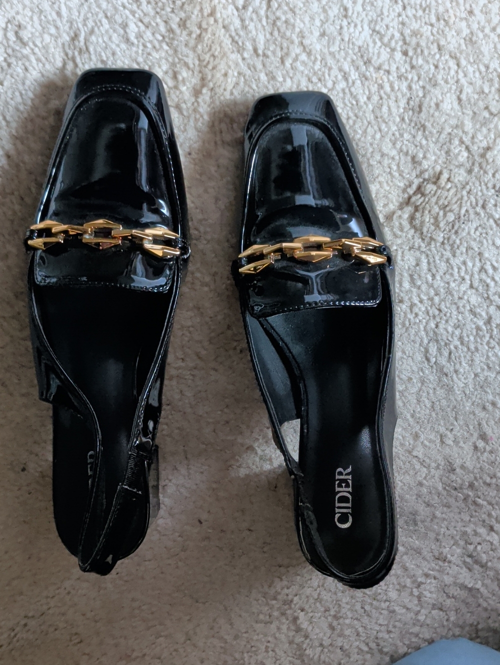 Cider Black Patent Leather Slingback Loafers with Gold Chain
